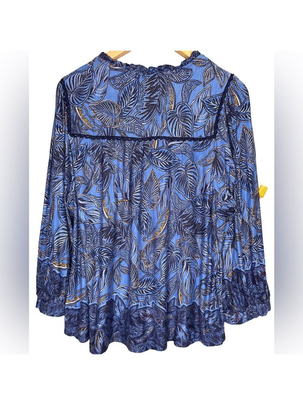 Democracy Blue Leaf Print V-Neck Long Sleeve Blouse XXL - Picture 2 of 5